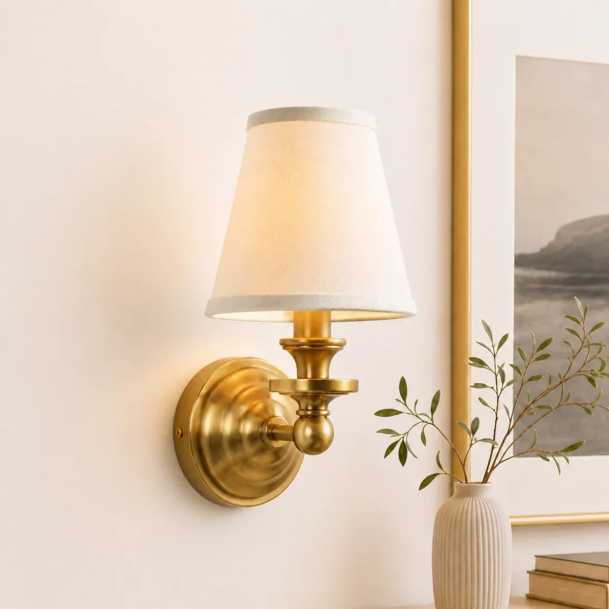 Wall Sconce Linen Shade & Brass Finish
