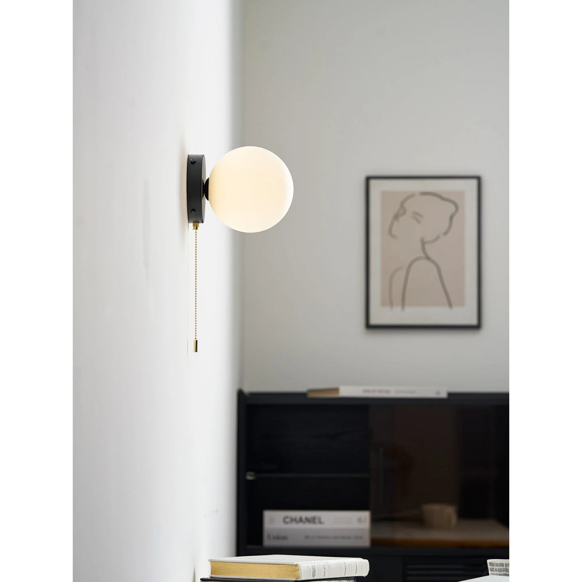 Wall Sconce Milky Glass Globe Iron Frame Pull Switch