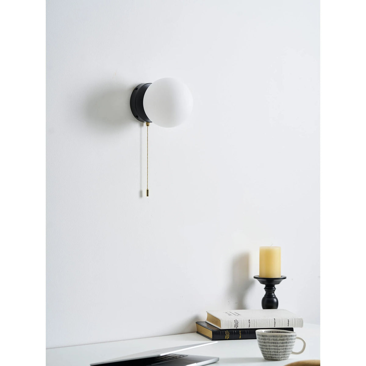 Wall Sconce Milky Glass Globe Iron Frame Pull Switch