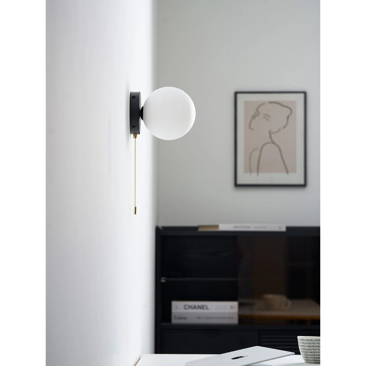 Wall Sconce Milky Glass Globe Iron Frame Pull Switch