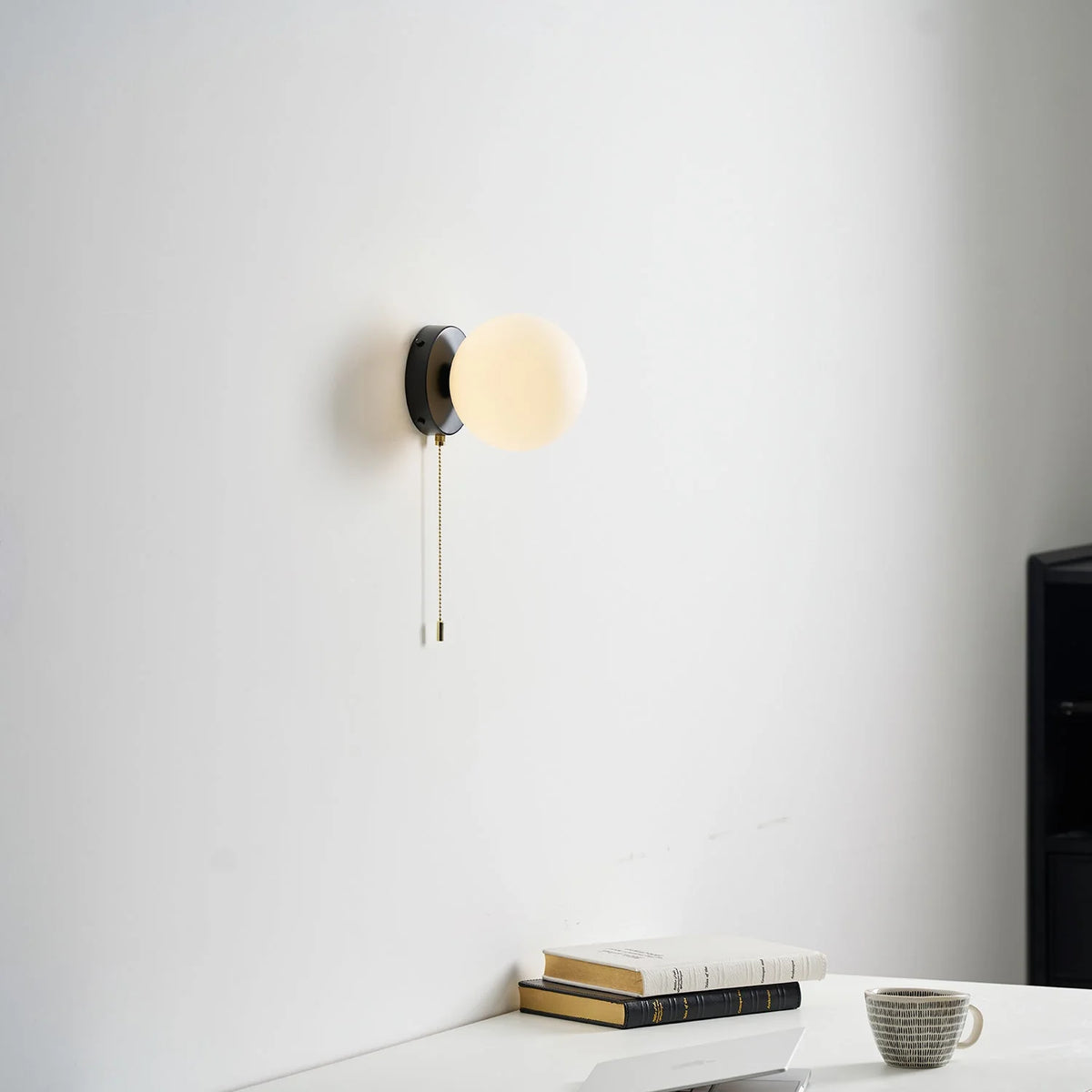 Wall Sconce Milky Glass Globe Iron Frame Pull Switch