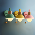 Wall Sconce Pastel Shade Iron & Wood Pull Cord
