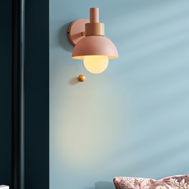 Wall Sconce Pastel Shade Iron & Wood Pull Cord