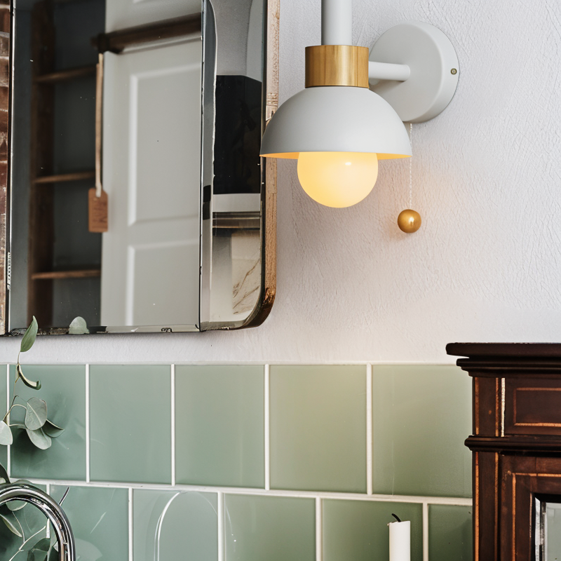 Wall Sconce Pastel Shade Iron & Wood Pull Cord