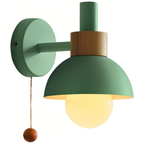 Wall Sconce Pastel Shade Iron & Wood Pull Cord
