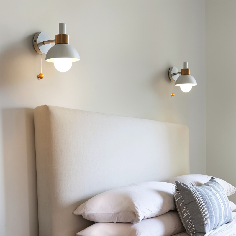 Wall Sconce Pastel Shade Iron & Wood Pull Cord