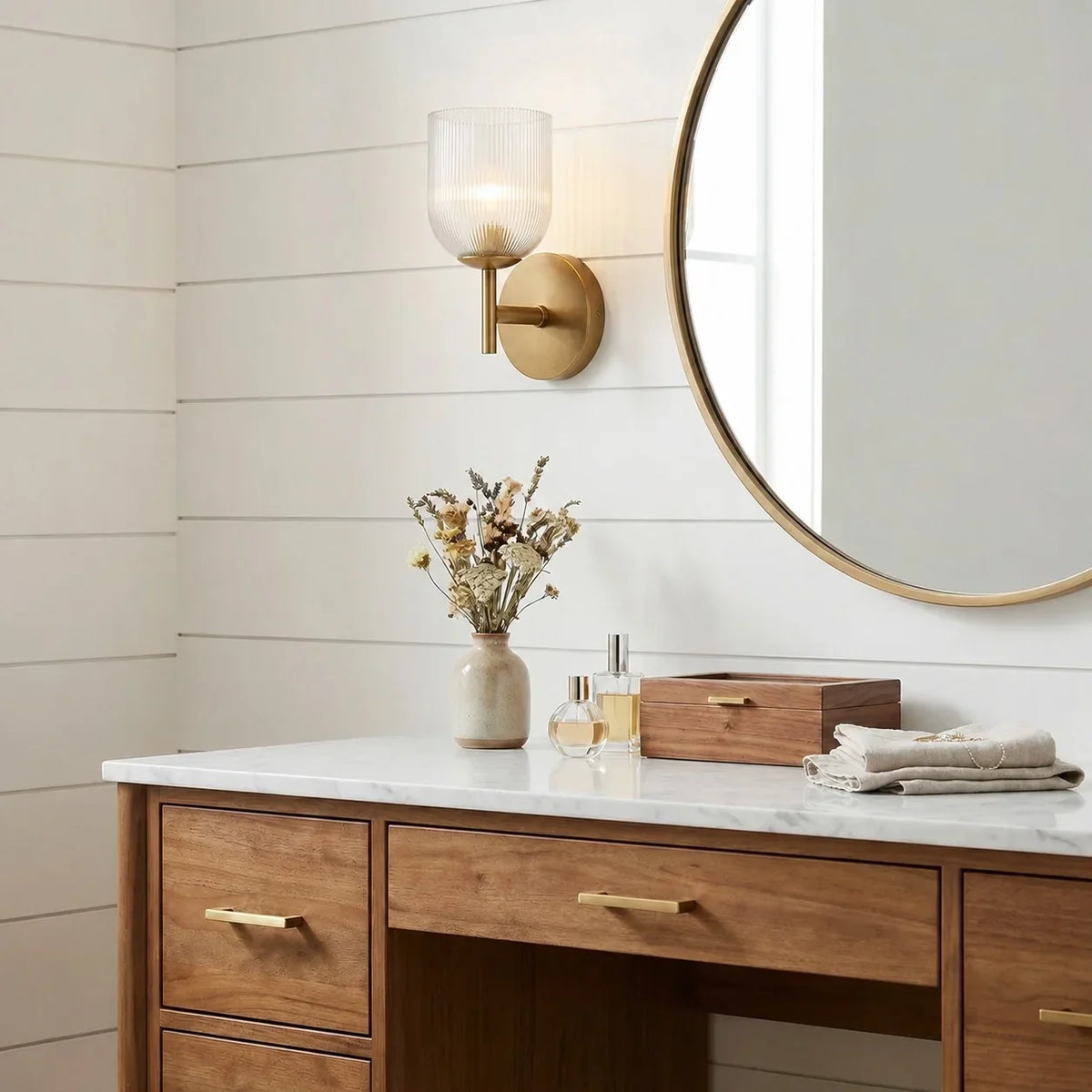 Wall Sconce Ribbed Glass Copper Finish Dimmable