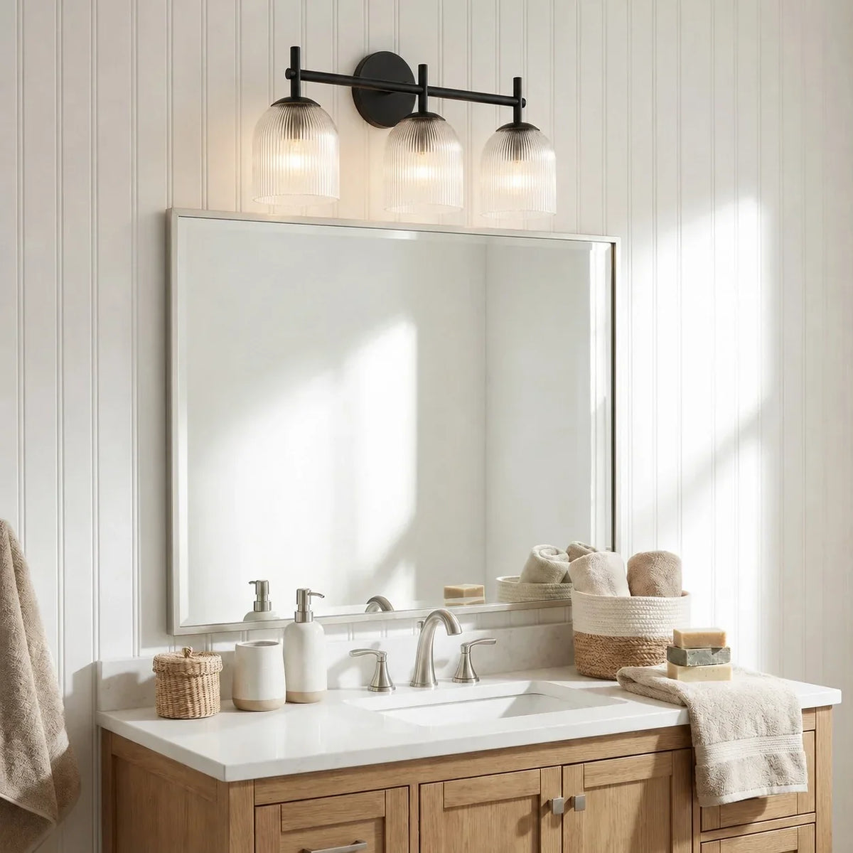 Wall Sconce Ribbed Glass Copper Finish Dimmable
