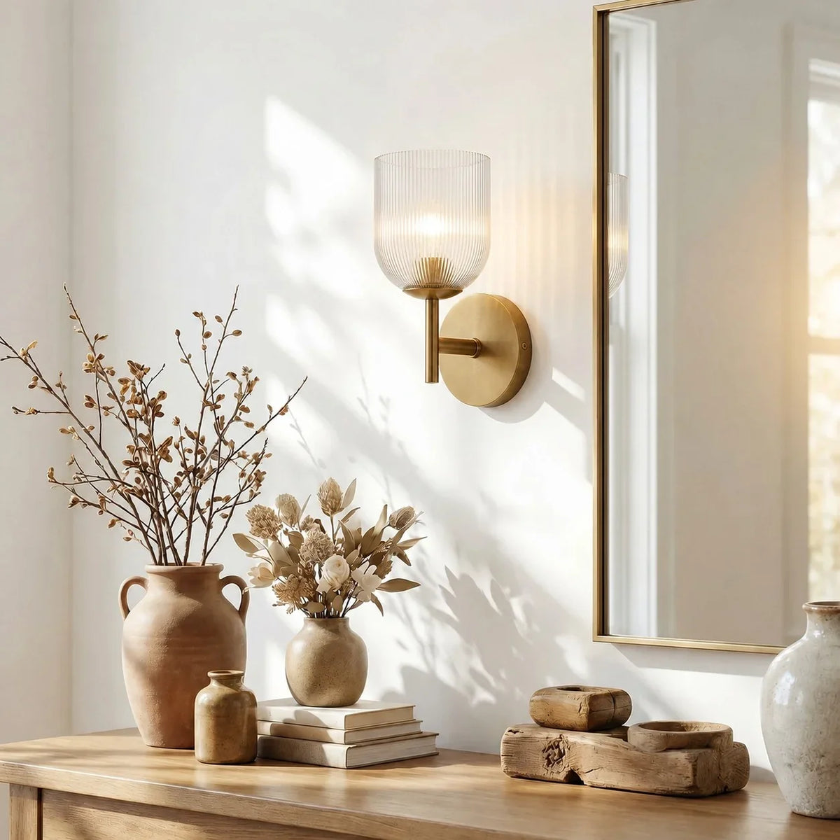Wall Sconce Ribbed Glass Copper Finish Dimmable