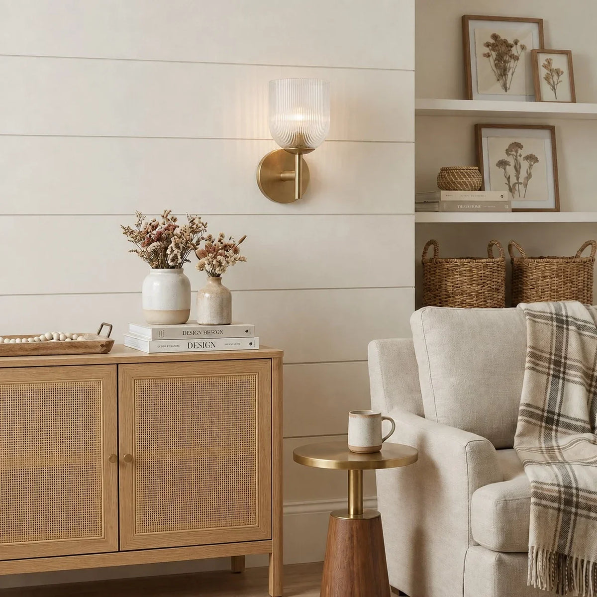 Wall Sconce Ribbed Glass Copper Finish Dimmable