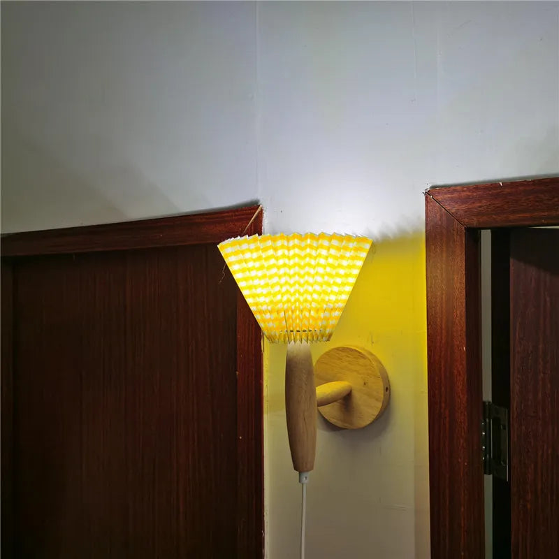 Wall Sconce Wood Frame Pleated Shade LED