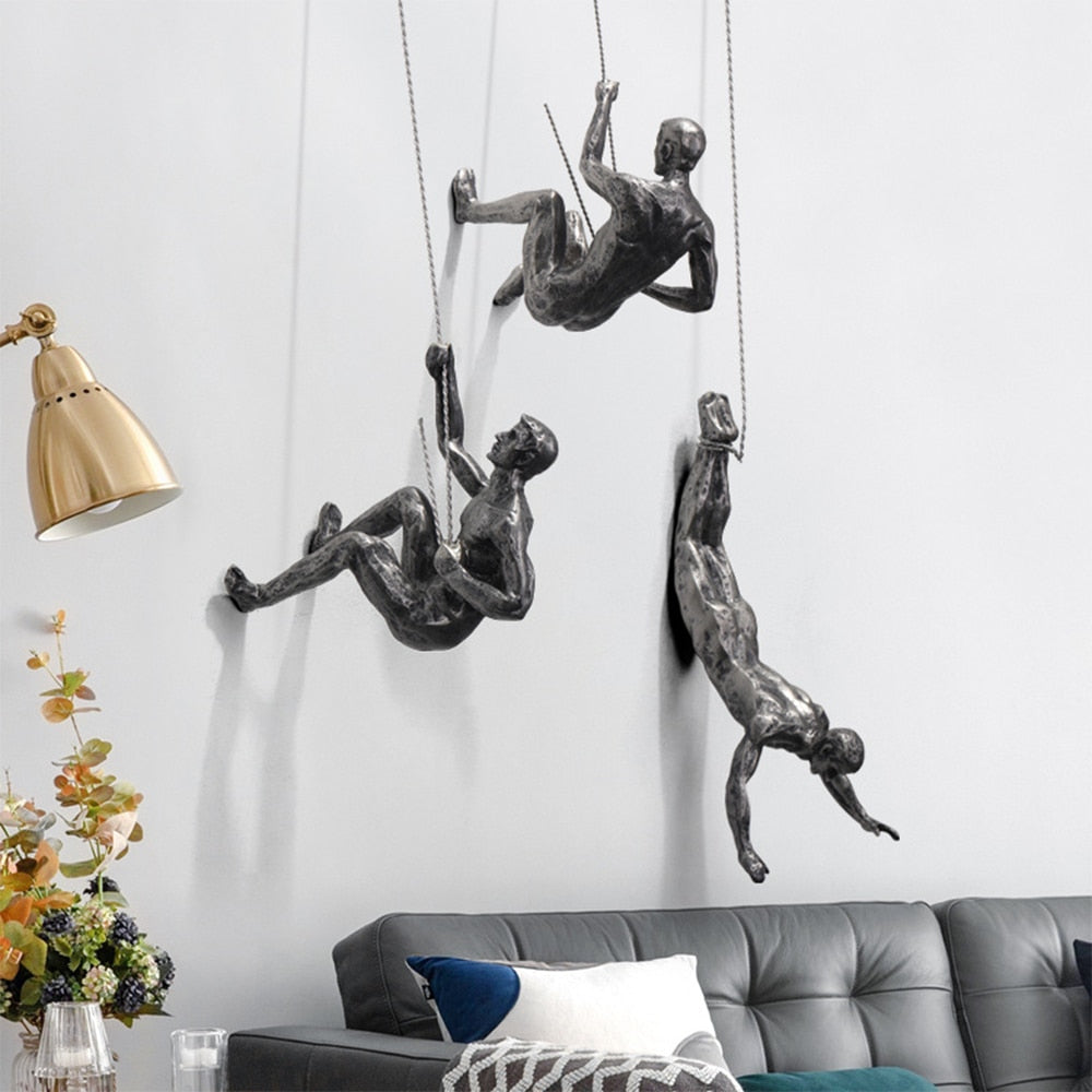 Wall Sculpture Climbing Figure Handcrafted Resin & Iron Wire