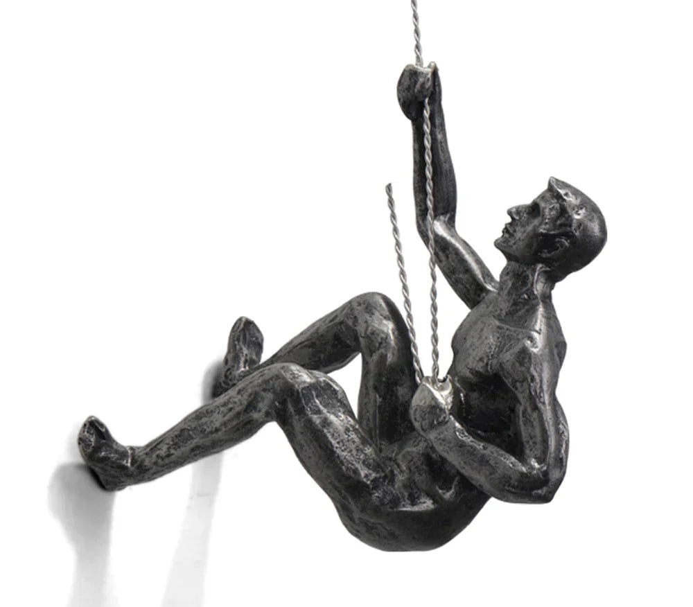 Wall Sculpture Climbing Figure Handcrafted Resin & Iron Wire
