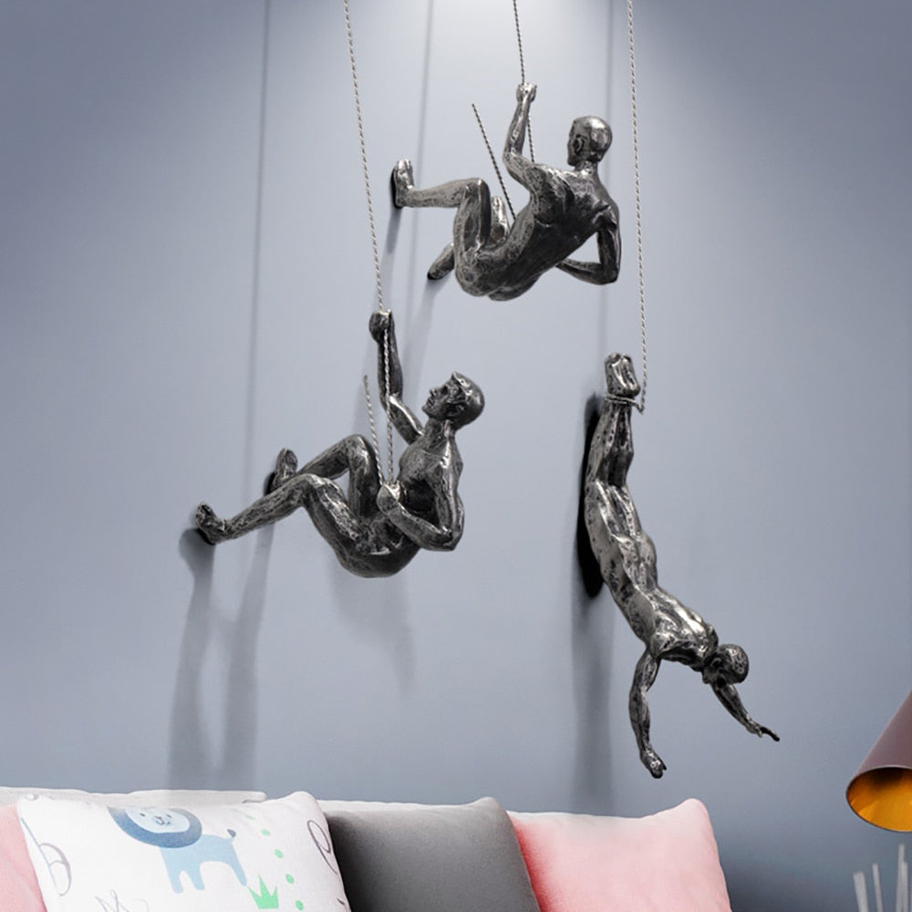 Wall Sculpture Climbing Figure Handcrafted Resin & Iron Wire