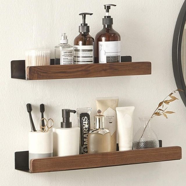 Wall Shelf Drill-Free Self-Adhesive Solid Wood Water-Resistant