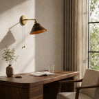 Walnut Wood Brass Pull-Cord Wall Sconce (Hardwired)