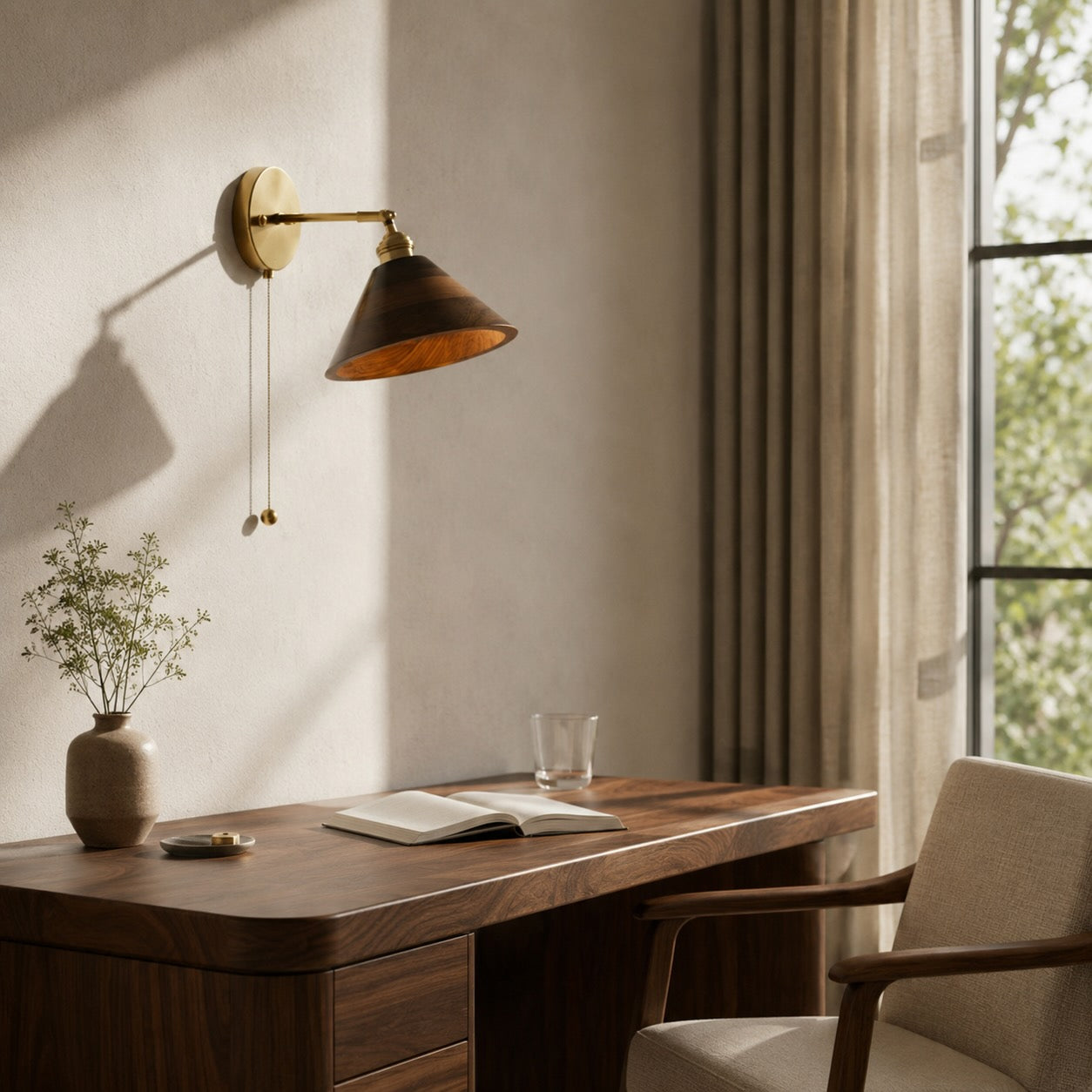 Walnut Wood Brass Pull-Cord Wall Sconce (Hardwired)