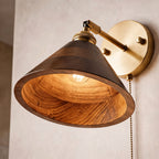 Walnut Wood Brass Pull-Cord Wall Sconce (Hardwired)