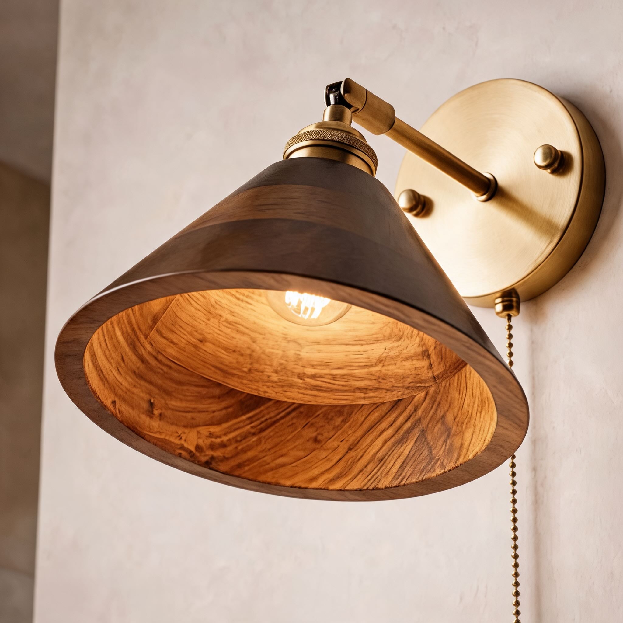 Walnut Wood Brass Pull-Cord Wall Sconce (Hardwired)