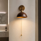 Walnut Wood Brass Pull-Cord Wall Sconce (Hardwired)