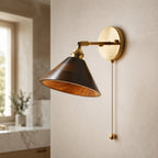 Walnut Wood Brass Pull-Cord Wall Sconce (Hardwired)