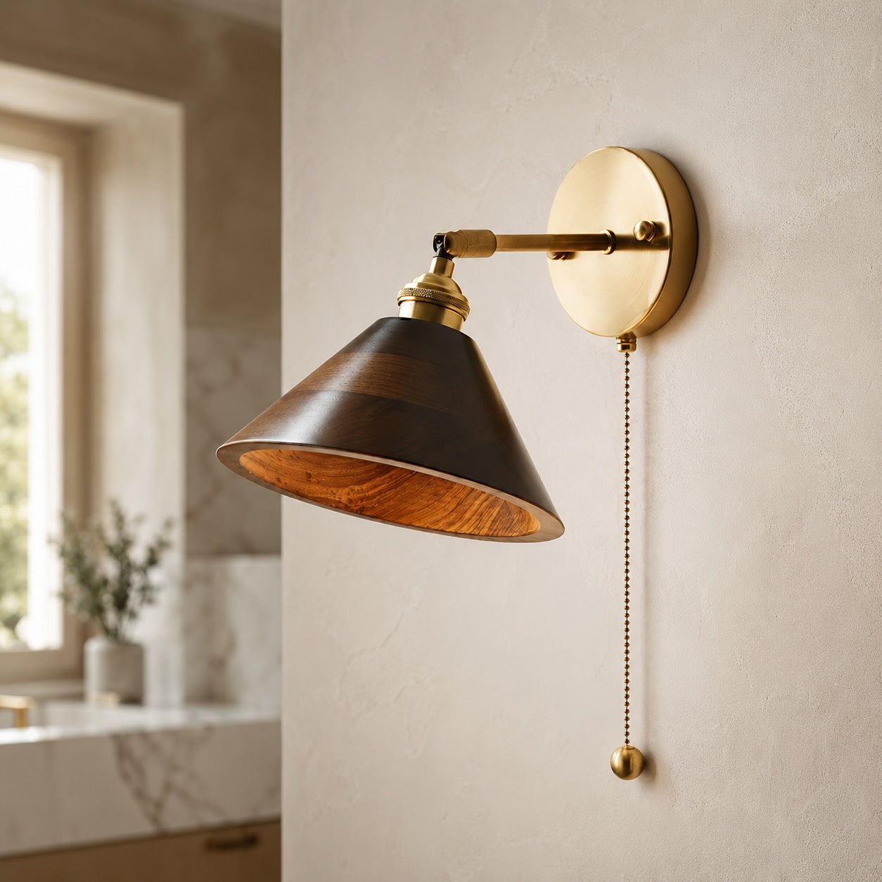 Walnut Wood Brass Pull-Cord Wall Sconce (Hardwired)