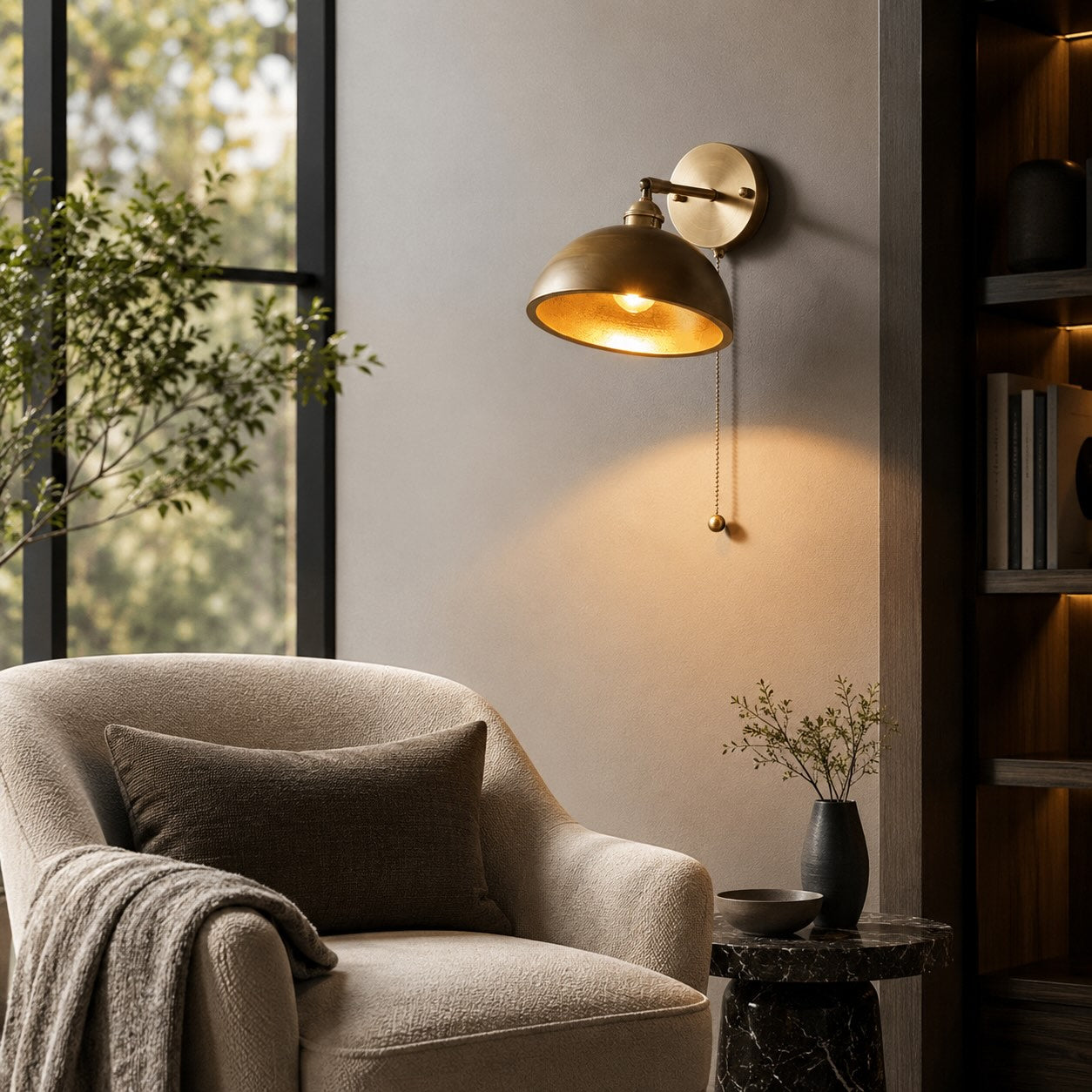 Walnut Wood Brass Pull-Cord Wall Sconce (Hardwired)