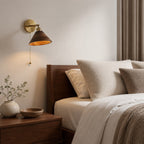 Walnut Wood Brass Pull-Cord Wall Sconce (Hardwired)