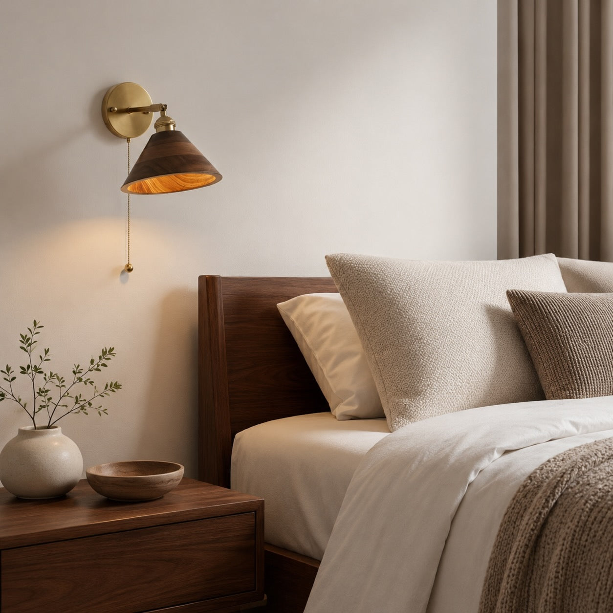 Walnut Wood Brass Pull-Cord Wall Sconce (Hardwired)