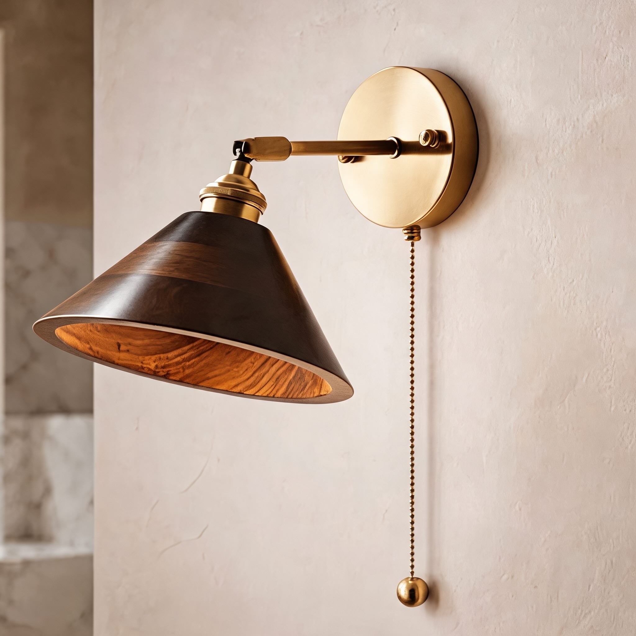 Walnut Wood Brass Pull-Cord Wall Sconce (Hardwired)