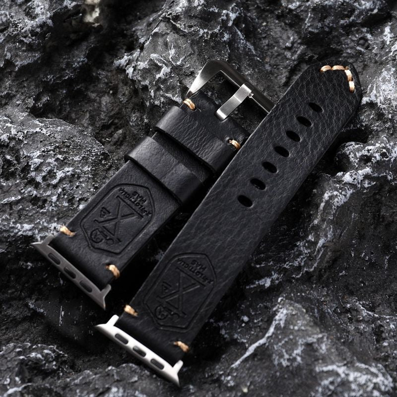 Watch Strap Full-Grain Leather Hand-Stitched Stainless Steel Adapters
