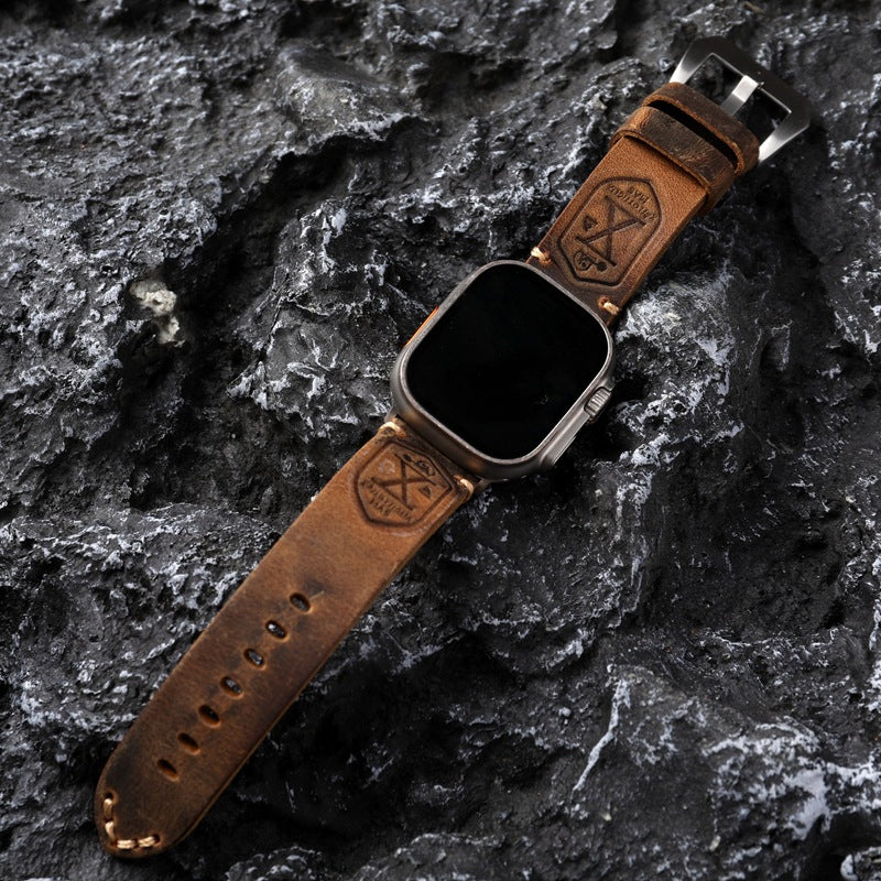 Watch Strap Full-Grain Leather Hand-Stitched Stainless Steel Adapters