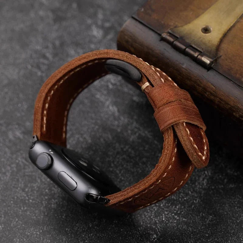 Watch Strap Full-Grain Leather Hand-Stitched Stainless Steel Adapters