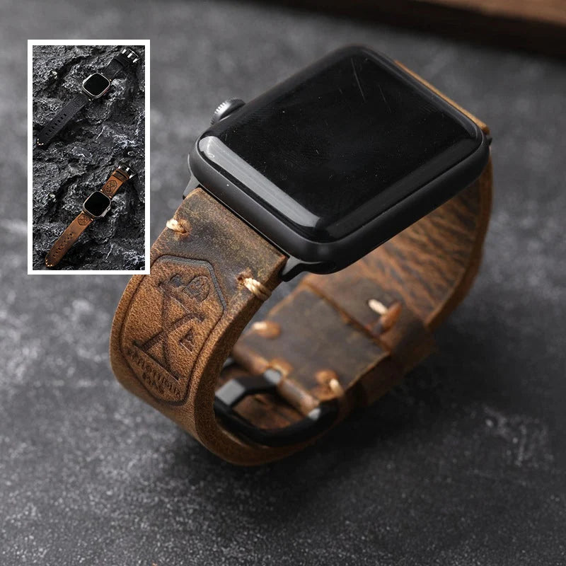 Watch Strap Full-Grain Leather Hand-Stitched Stainless Steel Adapters