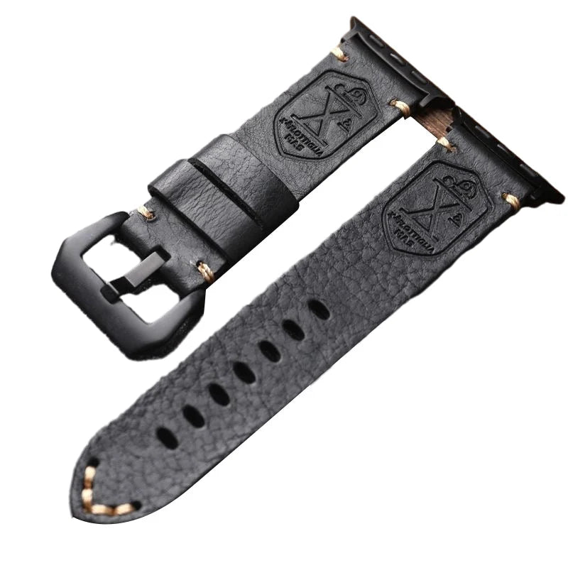 Watch Strap Full-Grain Leather Hand-Stitched Stainless Steel Adapters