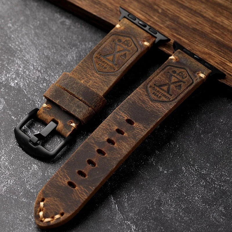 Watch Strap Full-Grain Leather Hand-Stitched Stainless Steel Adapters