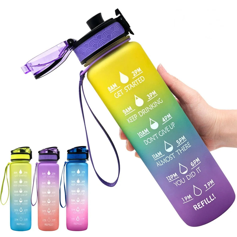 Water Bottle 1L Time Markers Leak-Proof Flip-Top