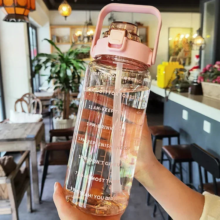 Water Bottle 2L Time Marker Built-In Straw