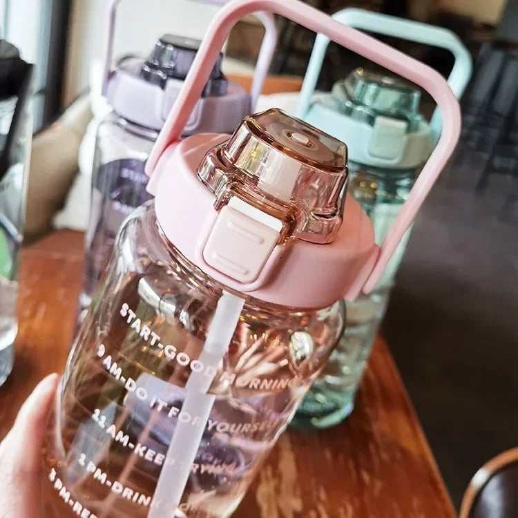 Water Bottle 2L Time Marker Built-In Straw
