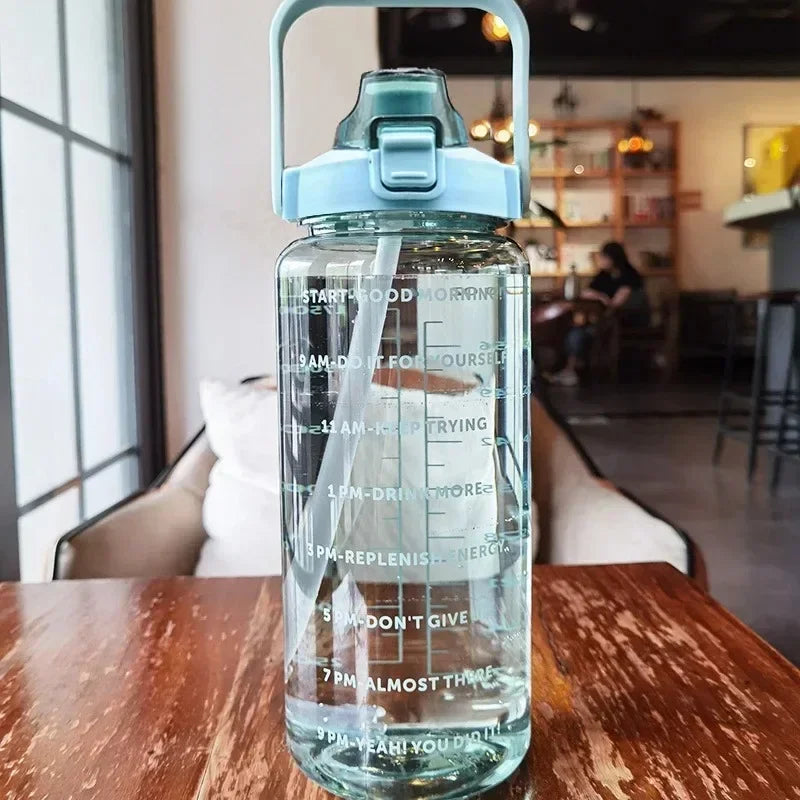 Water Bottle 2L Time Marker Built-In Straw