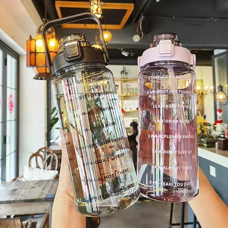 Water Bottle 2L Time Marker Built-In Straw