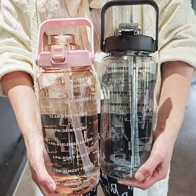 Water Bottle 2L Time Marker Built-In Straw