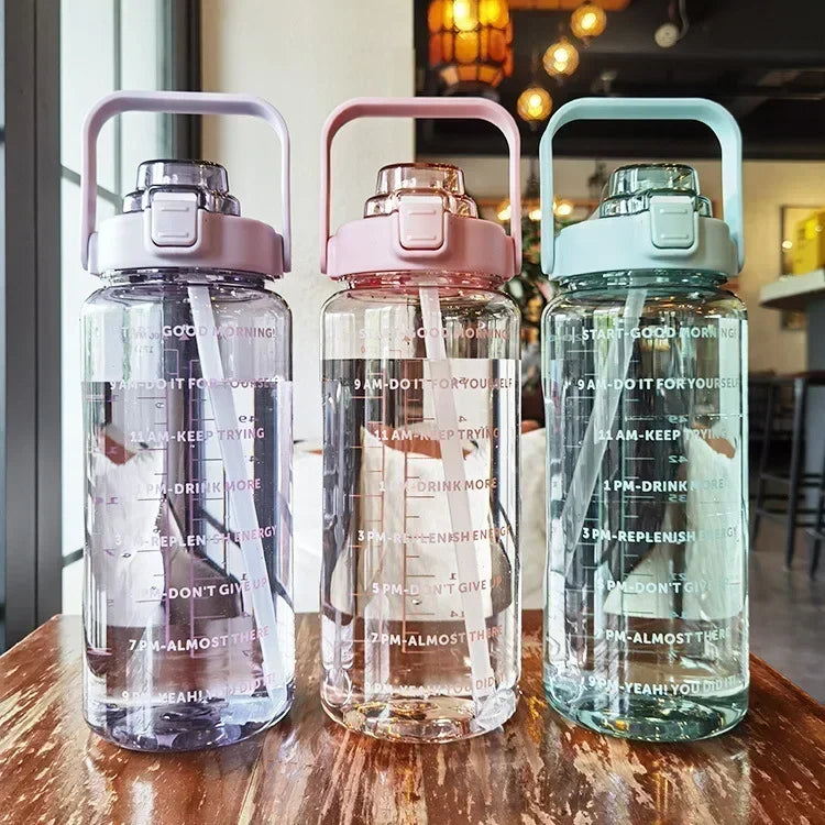 Water Bottle 2L Time Marker Built-In Straw