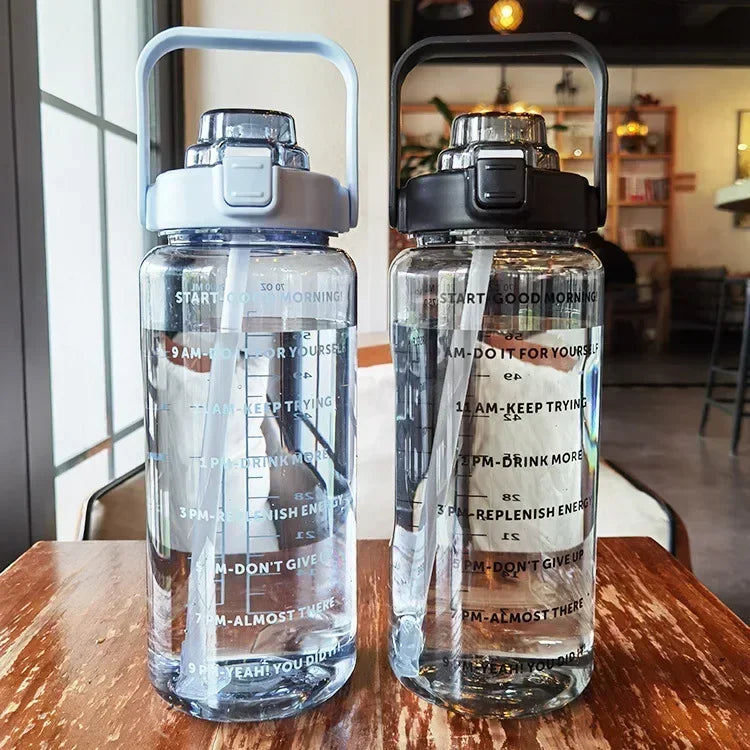 Water Bottle 2L Time Marker Built-In Straw