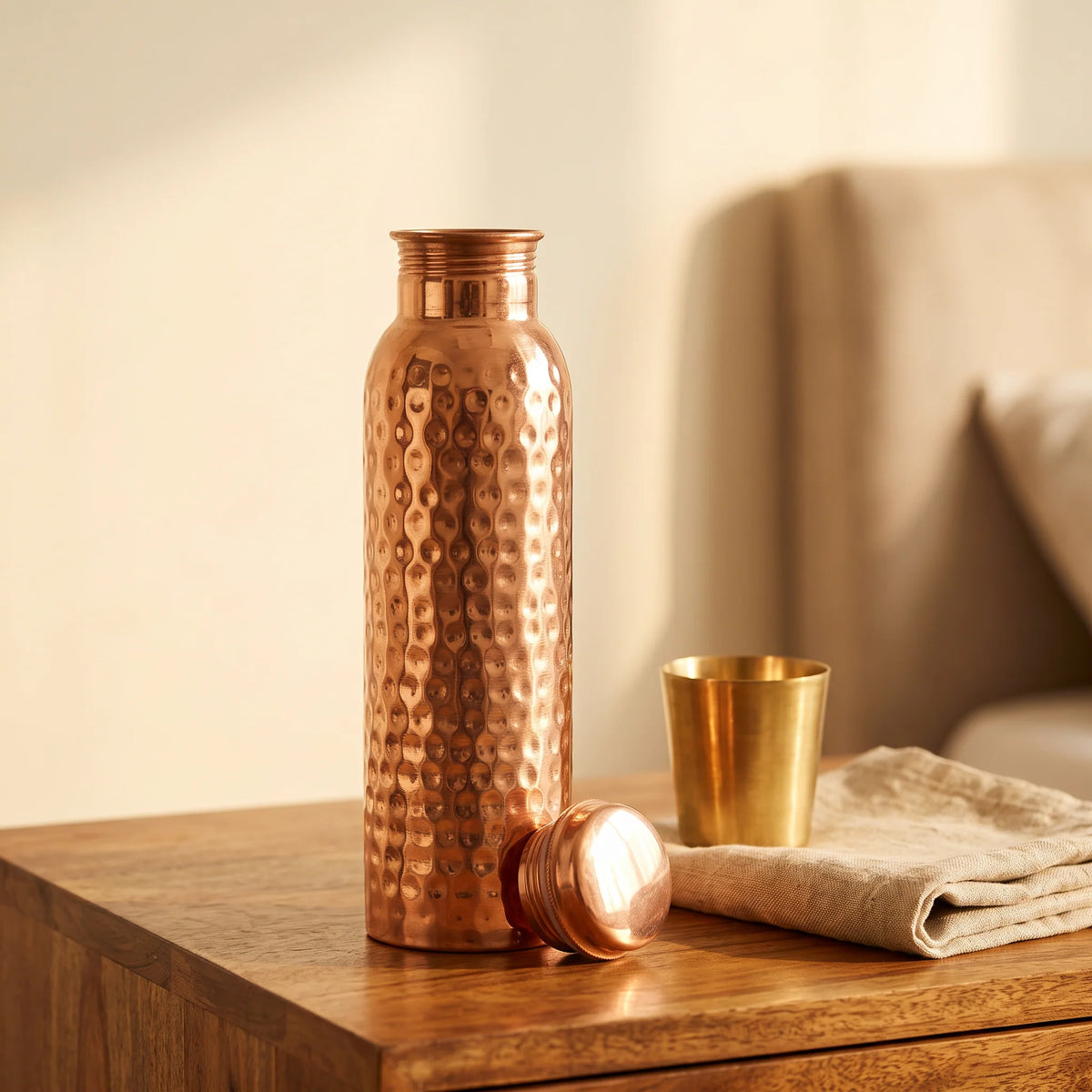 Water Bottle Pure Copper Hammered Leak-Proof Cap