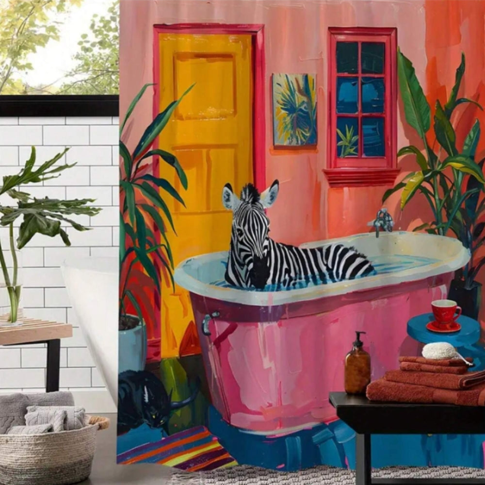 Water-Resistant & Machine-Washable Playful Pink Zebra Shower Curtain (71x71 in)