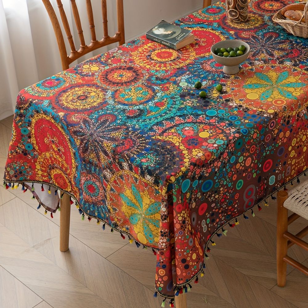 Water-Resistant Microfiber Mandala Tablecloth (Tassel Trim)