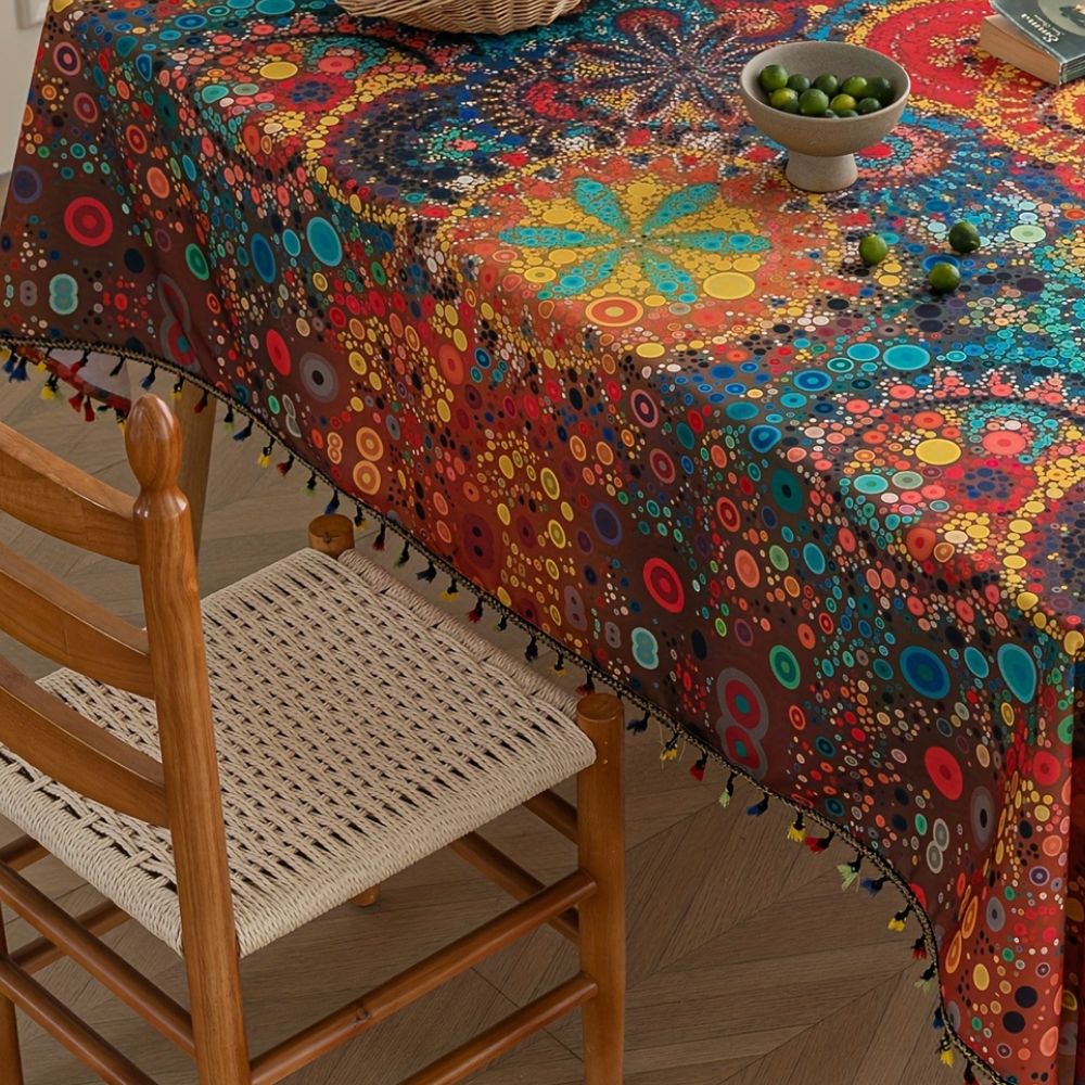 Water-Resistant Microfiber Mandala Tablecloth (Tassel Trim)