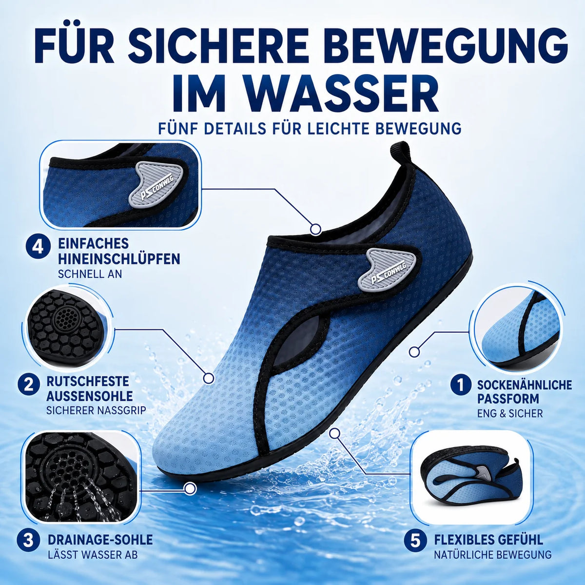 Water Shoes Sock-Style Anti-Slip Textured Rubber Sole