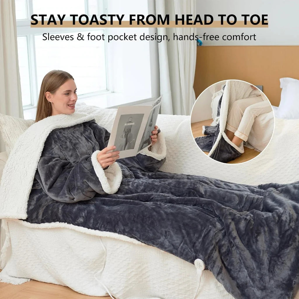 Wearable Heated Blanket Sherpa Fleece Sleeves & Foot Pockets